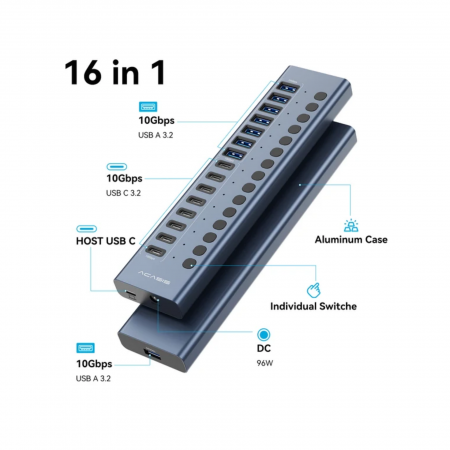 USB-хаб Acasis HB16Max, 16 портов (8 USB-A + 8 USB-C) 